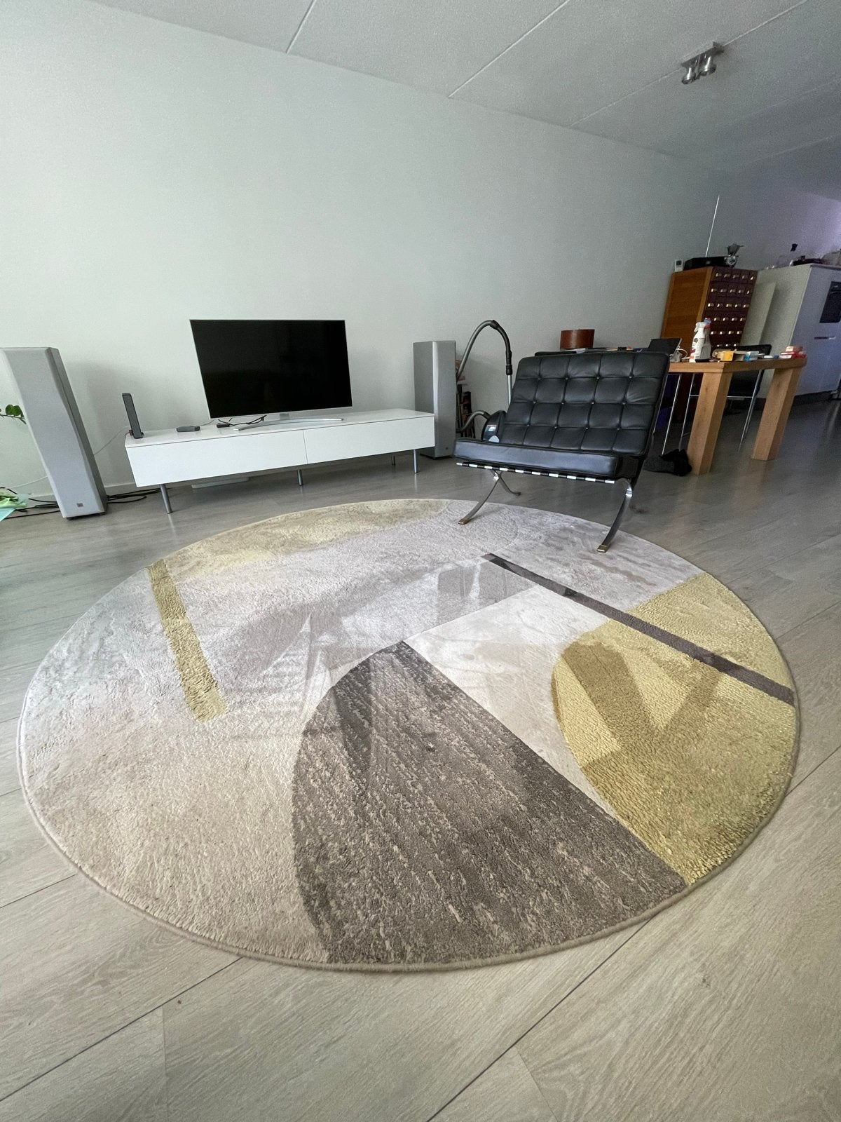 Modern rond vloerkleed met abstract patroon, Ophalen, Gebruikt, Beige, Rond