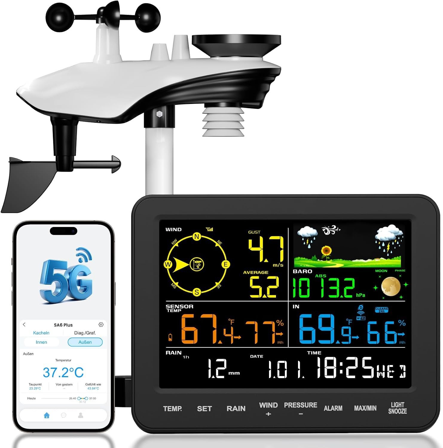 12-in-1 Wifi Weerstation Buitensensor Dual-Band 5G & 2,4GHz