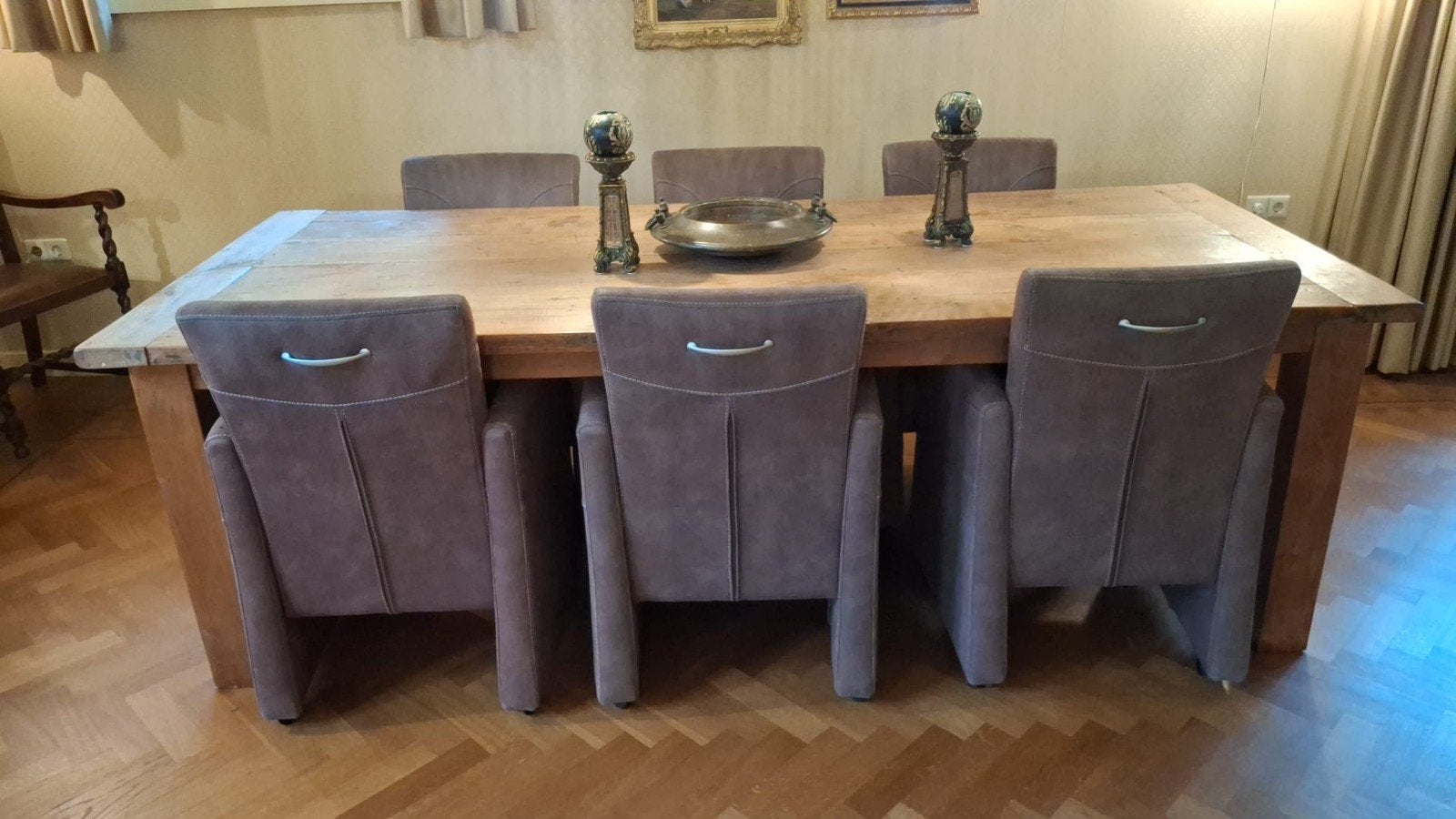 Robuuste eettafel met 8 stoelen - massief hout, Gebruikt, 100 tot 150 cm, Landelijk, Robuust, 200 cm of meer