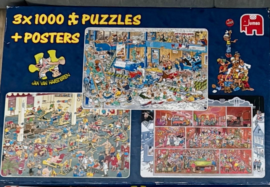 3 Jan van Haasteren puzzels van 1000 stukjes + posters, Ophalen of Verzenden, Zo goed als nieuw