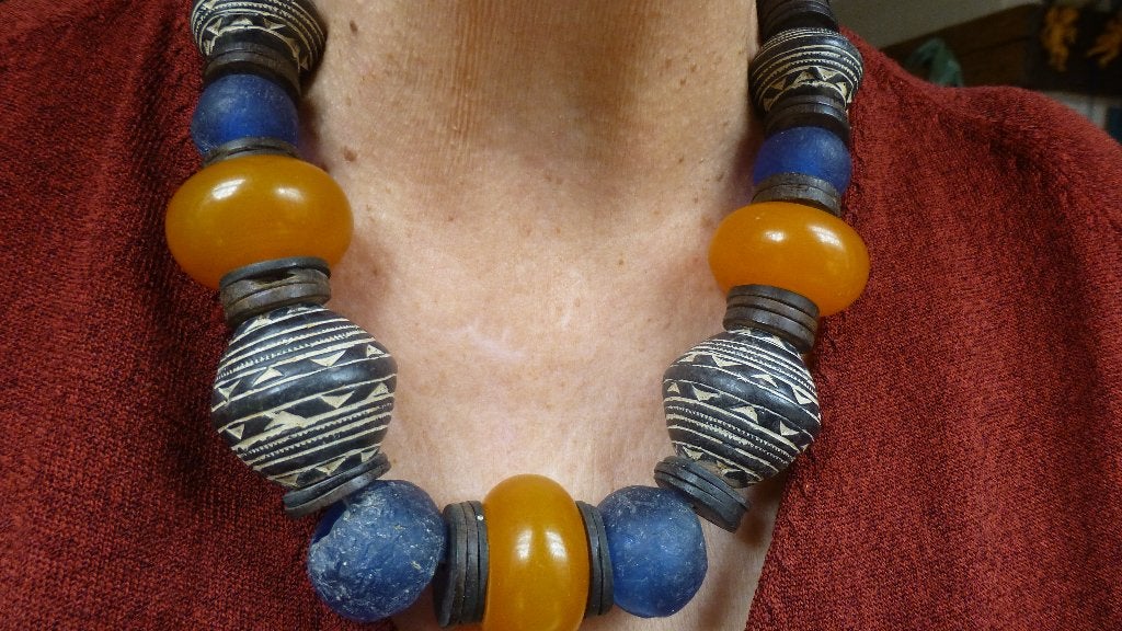 Etnisch Collier Fenolhars Glaspasta Cocosnoot Hout Kralen, Ophalen of Verzenden, Zo goed als nieuw, Bruin, Overige materialen