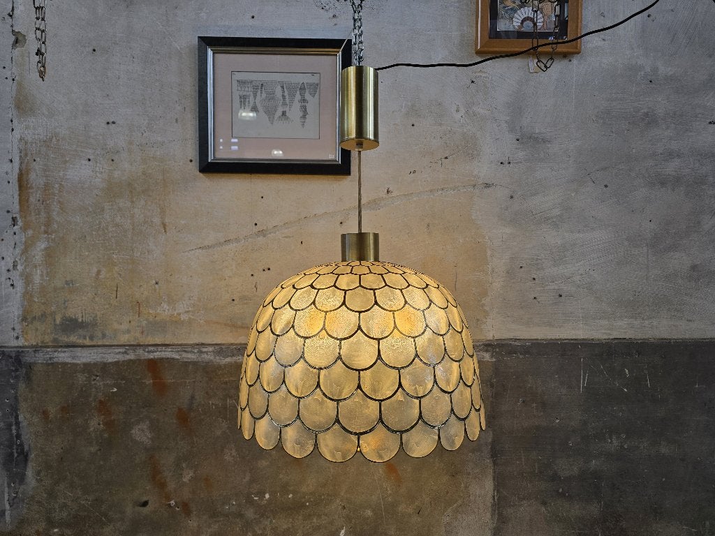 XL Mid Century Design Hanglamp | Vintage Lamp Capiz Schelpen, Gebruikt, Vintage Mid Century Design BOHO, Metaal, E27 (groot)