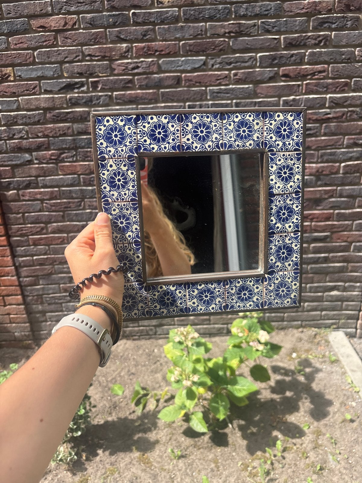 Spiegeltje blauw print 26x26cm, Huis en Inrichting, Woonaccessoires | Spiegels, Ophalen, Minder dan 50 cm, Gebruikt, Vierkant