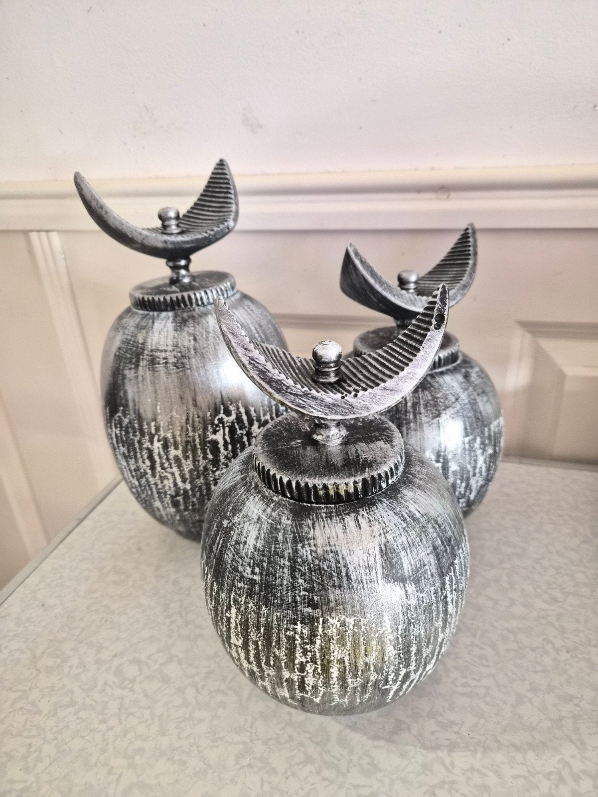Set van 3 decoratieve vazen met deksel - Zilver/Zwart, Ophalen of Verzenden, Gebruikt