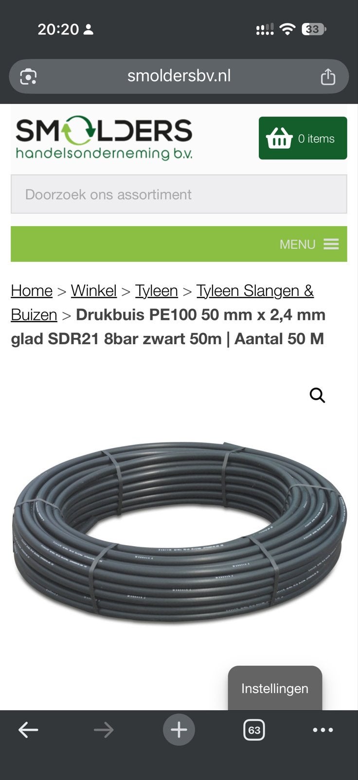 Drukbuis PE100 50 mm x 2,4 mm glad SDR21 8bar zwart +/- 20M, Ophalen, Overige materialen, 6 meter of meer, Nieuw