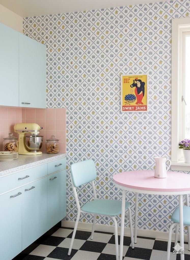 14072 Frans fruitbehang keuken sfeer vintage retro Swiet, Ophalen of Verzenden, Blauw