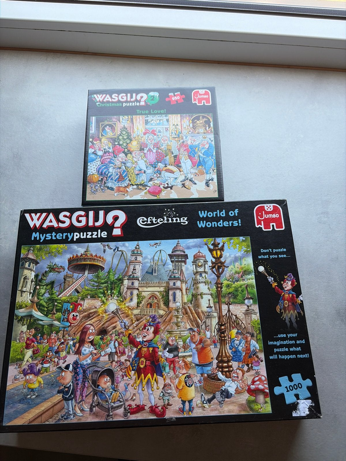 Twee Wasgij puzzels: Efteling & Christmas True Love, Ophalen of Verzenden, 500 t/m 1500 stukjes, Gebruikt, Legpuzzel