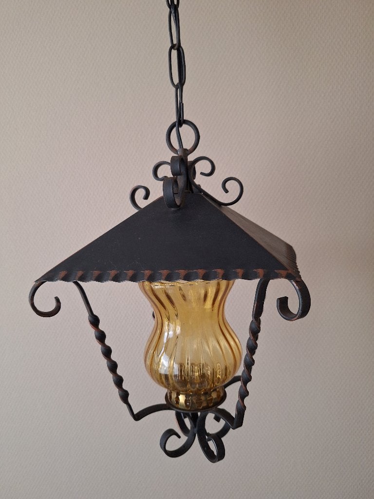 Lamp met geel glas, jaren 70., Huis en Inrichting, Lampen | Hanglampen, Ophalen, Gebruikt, Glas