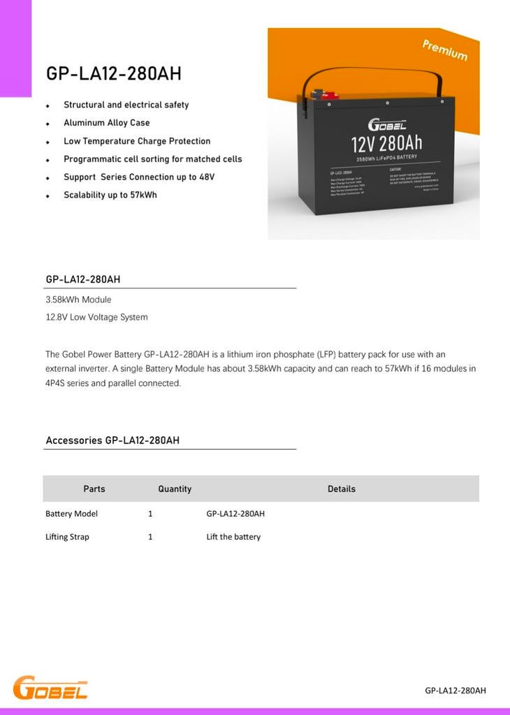 Gobel GP-LA12-280AH Lithium IJzerfosfaat Accu LIFePO4, Ophalen of Verzenden