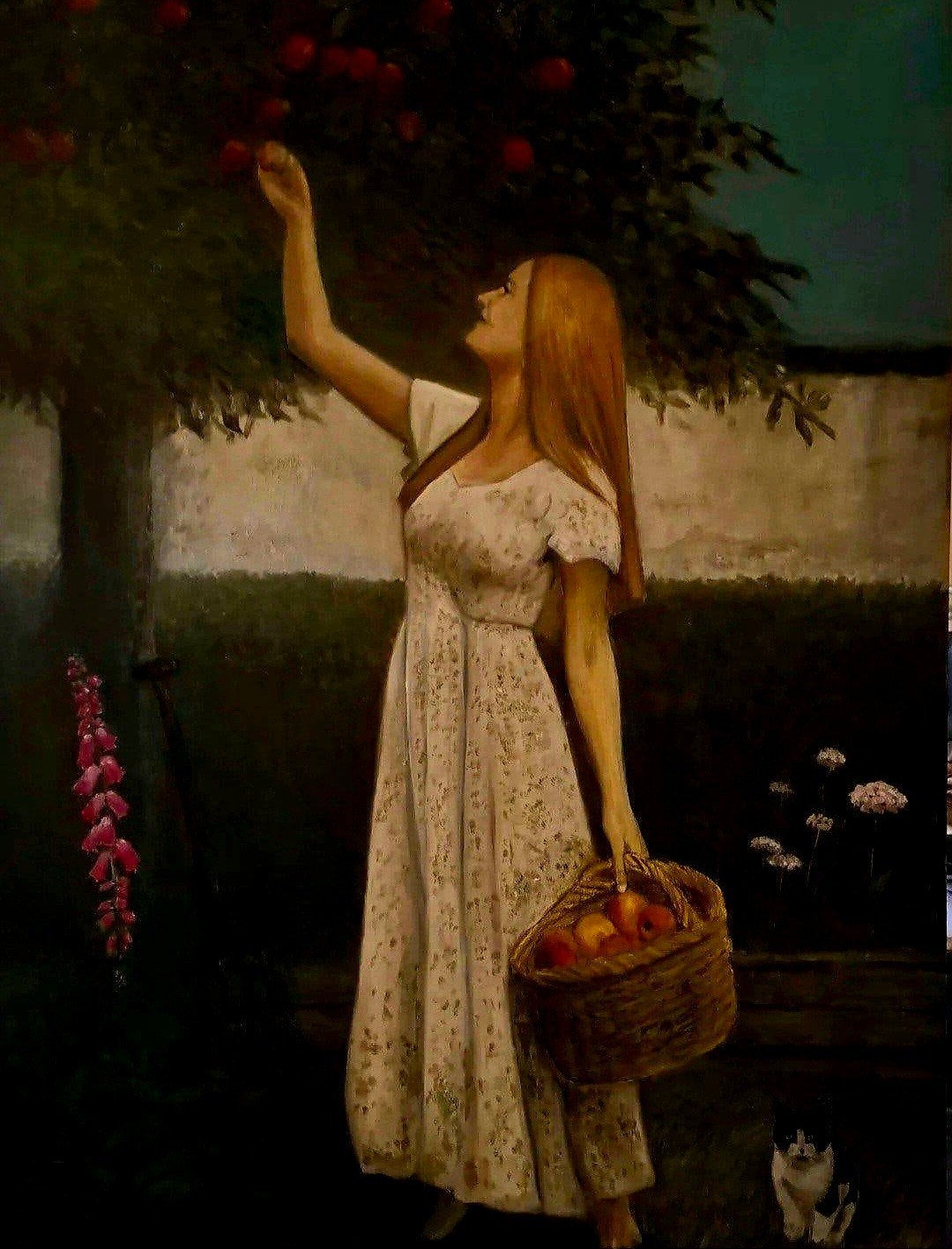schilderij vrouw en kat 60x80 cm olie op paneel, Ophalen of Verzenden