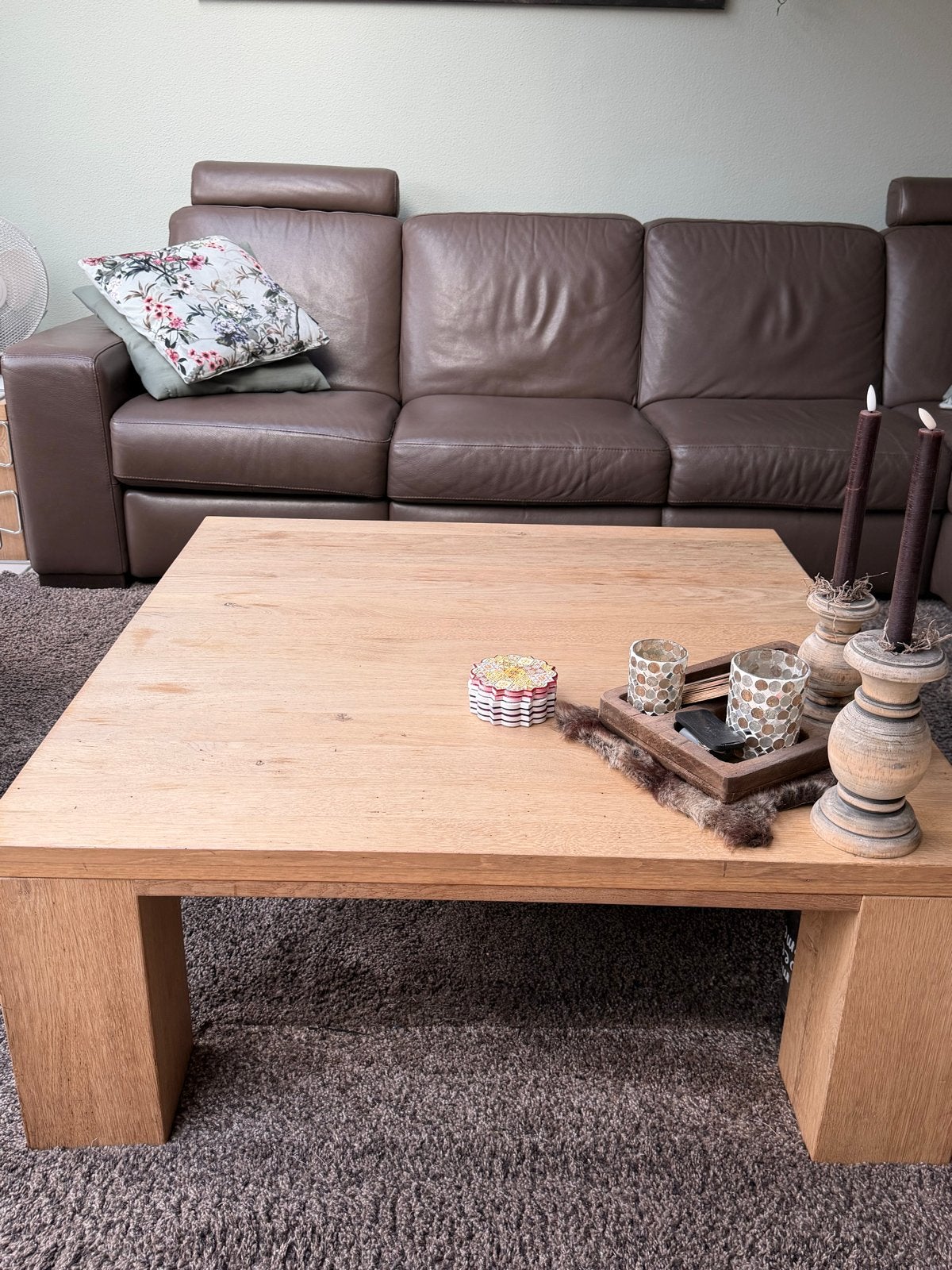 Massief eiken salontafel 100x100 cm, Ophalen, Gebruikt, 100 tot 150 cm, Eikenhout
