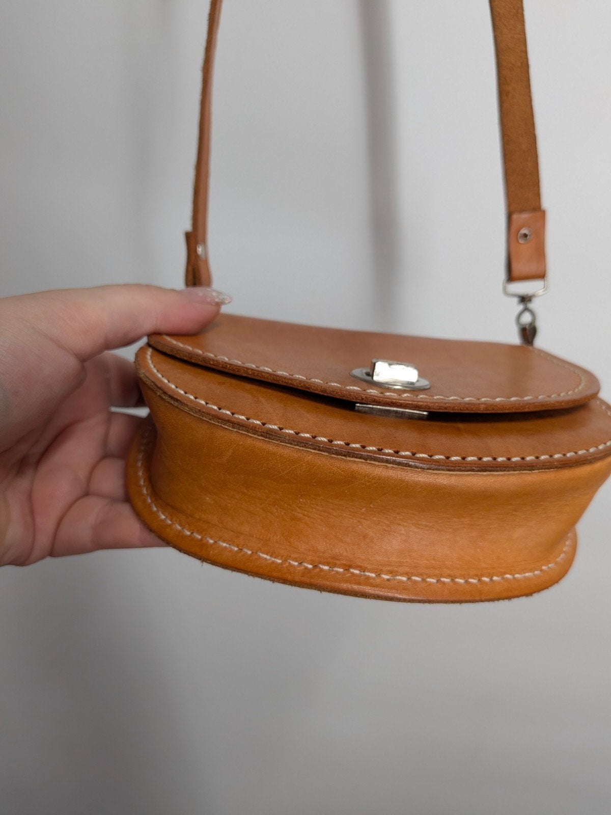 Ruitertassen Leren Schoudertasje Cognac Vintage Crossbody, Gebruikt, Bruin, Schoudertasje, Ruitertassen