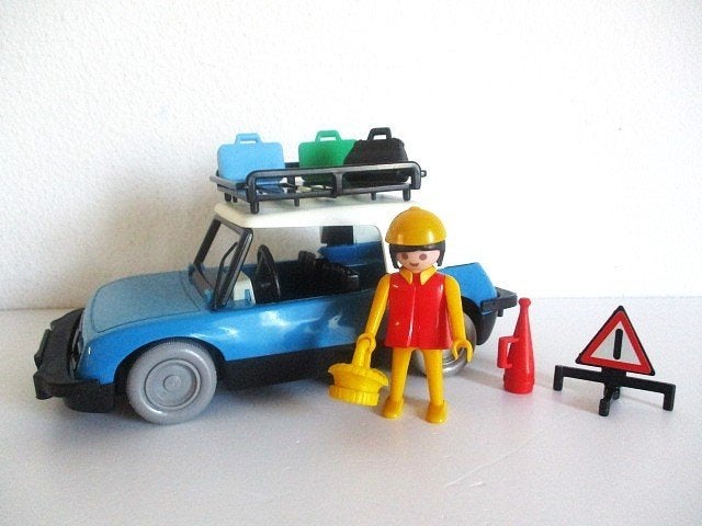 playmobil blauwe gezinsauto met vrouw 3210 vintage, Ophalen of Verzenden, Gebruikt, Complete set, Voertuig