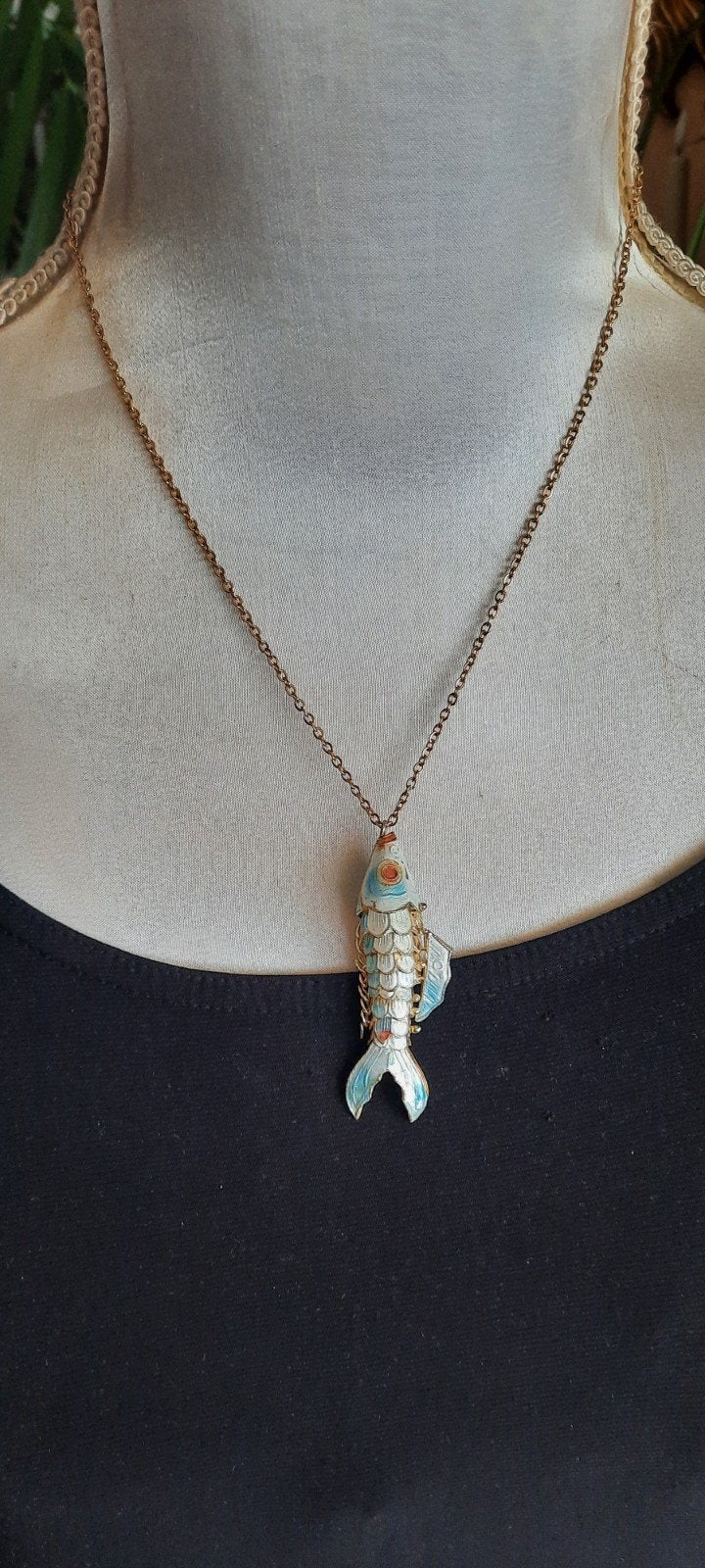 Vintage ketting, koi karper,visje,goud verguld.., Gebruikt, Blauw, Ophalen of Verzenden, Overige materialen
