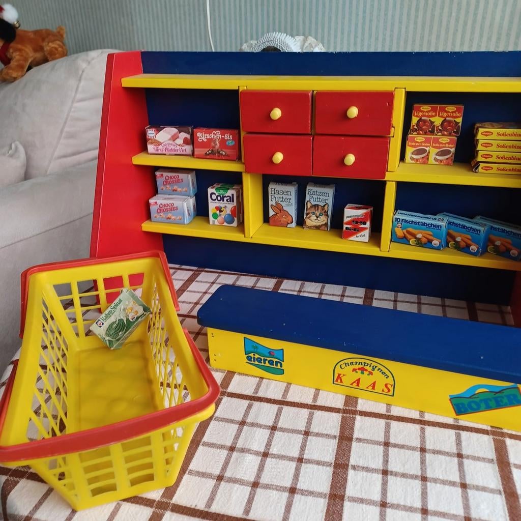 Houten speelgoedwinkel met toonbank en mini boodschappen, Ophalen, Gebruikt, Jongen of Meisje
