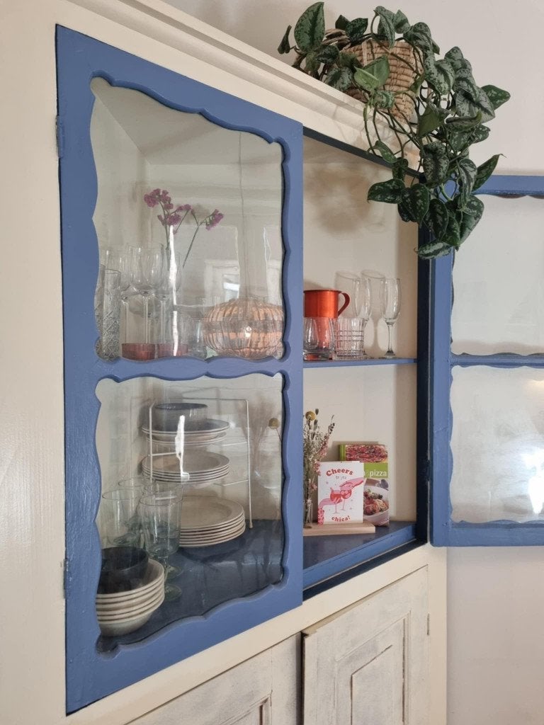 Hoekkast - buffetkast - vintage / 217x116 cm / crème, blauw, Ophalen, 100 tot 150 cm, 200 cm of meer, 50 tot 75 cm