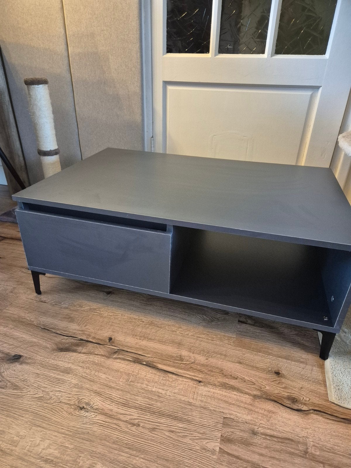 Grijze salontafel met opbergruimte, Gebruikt, 100 tot 150 cm, Ophalen of Verzenden, Minder dan 100 cm