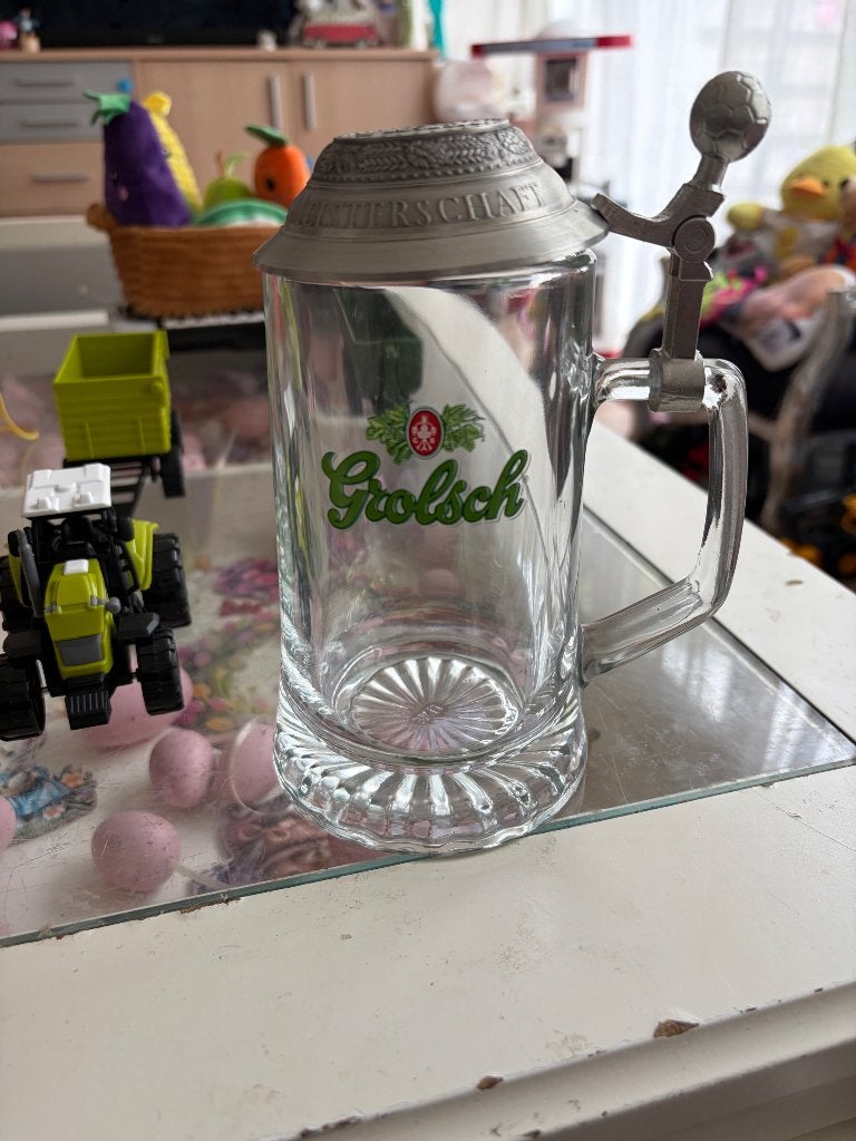 Glazen bierpul Grolsch met tin deksel en bal knop vintage, Ophalen of Verzenden, Zo goed als nieuw, Gebruiksvoorwerp
