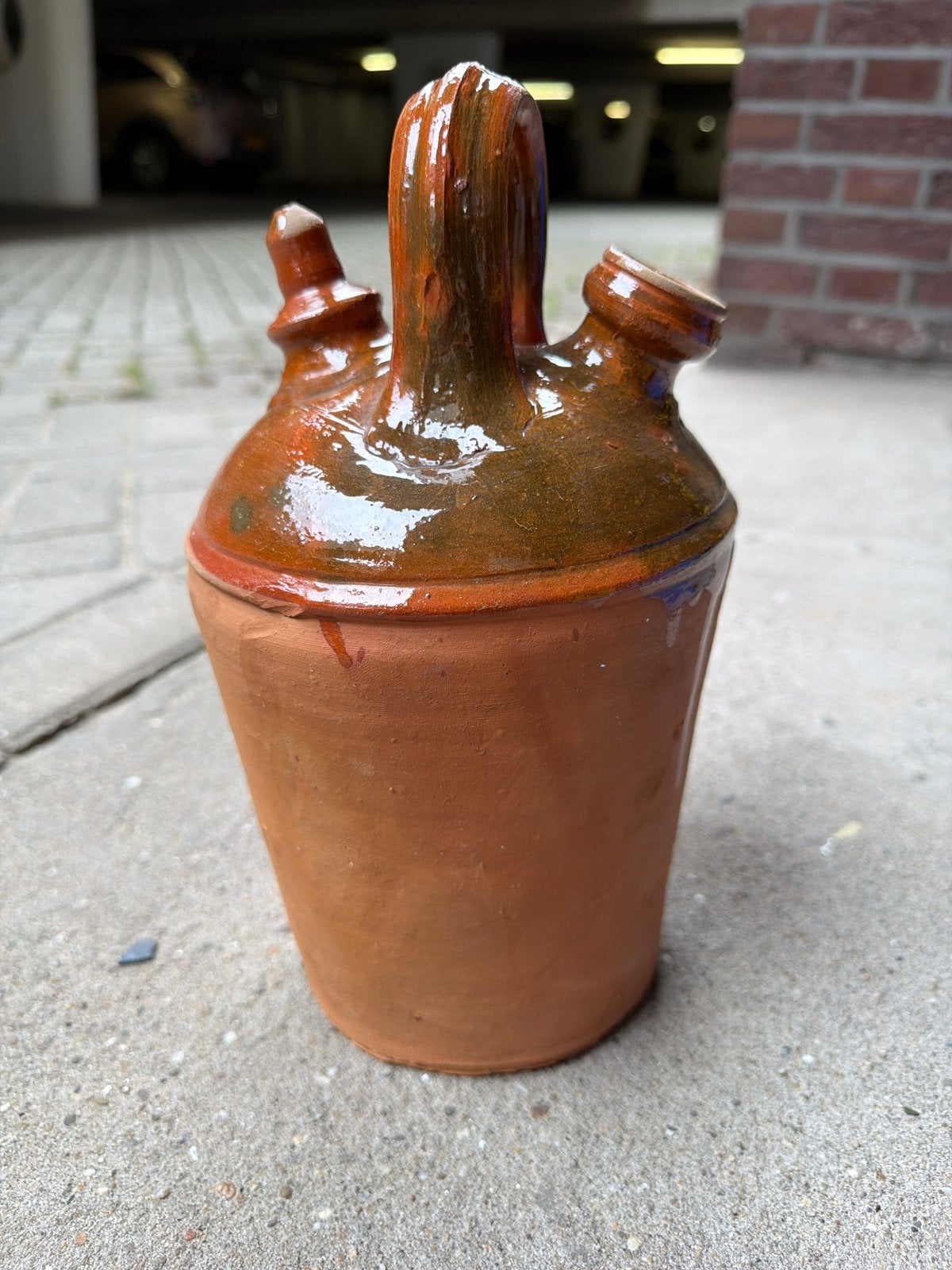 Antieke terracotta kruik met glazuur - Handgemaakt, Ophalen of Verzenden