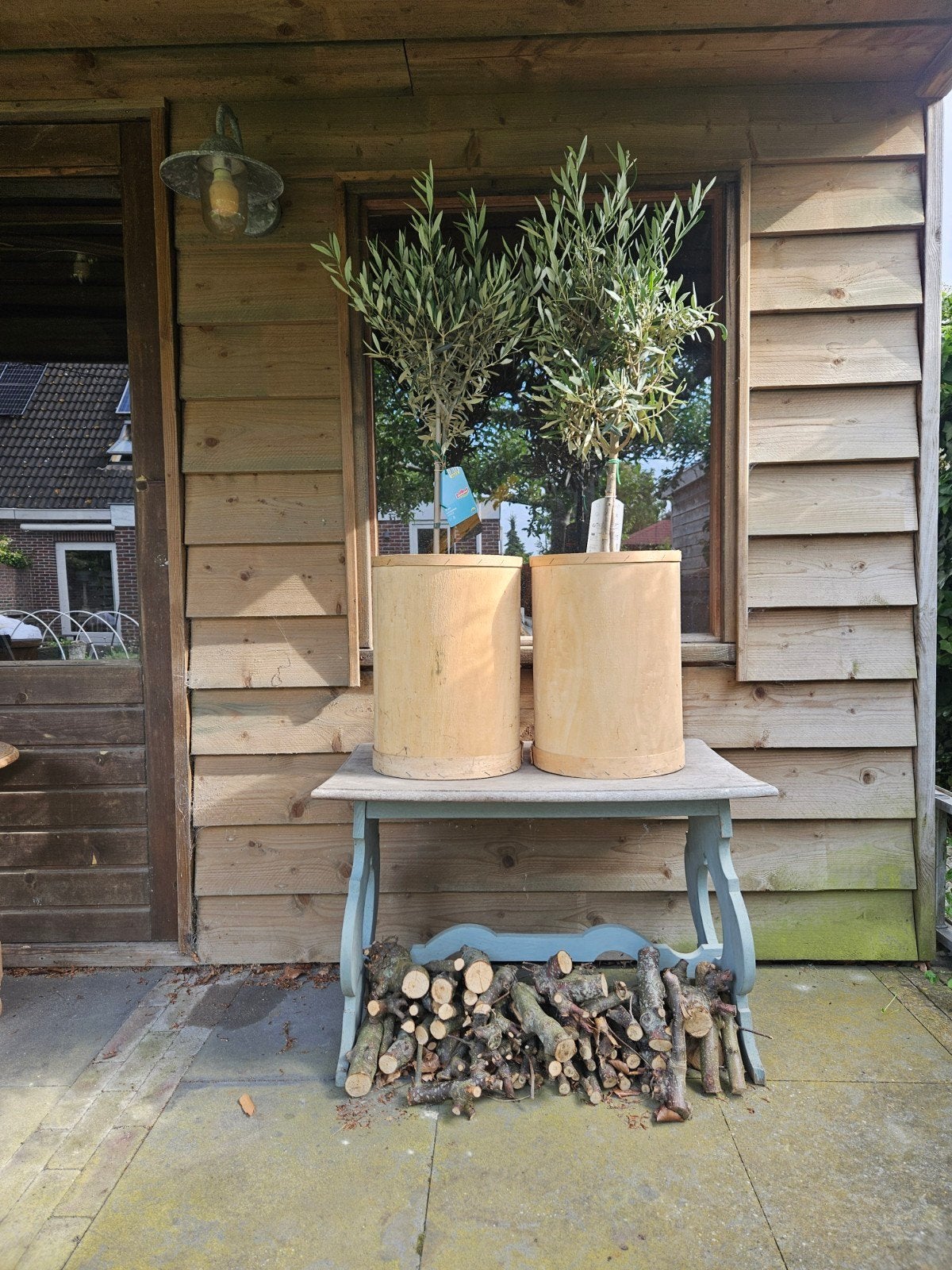 2 decoratieve houten tonnen., Tuin en Terras, Ophalen, Gebruikt