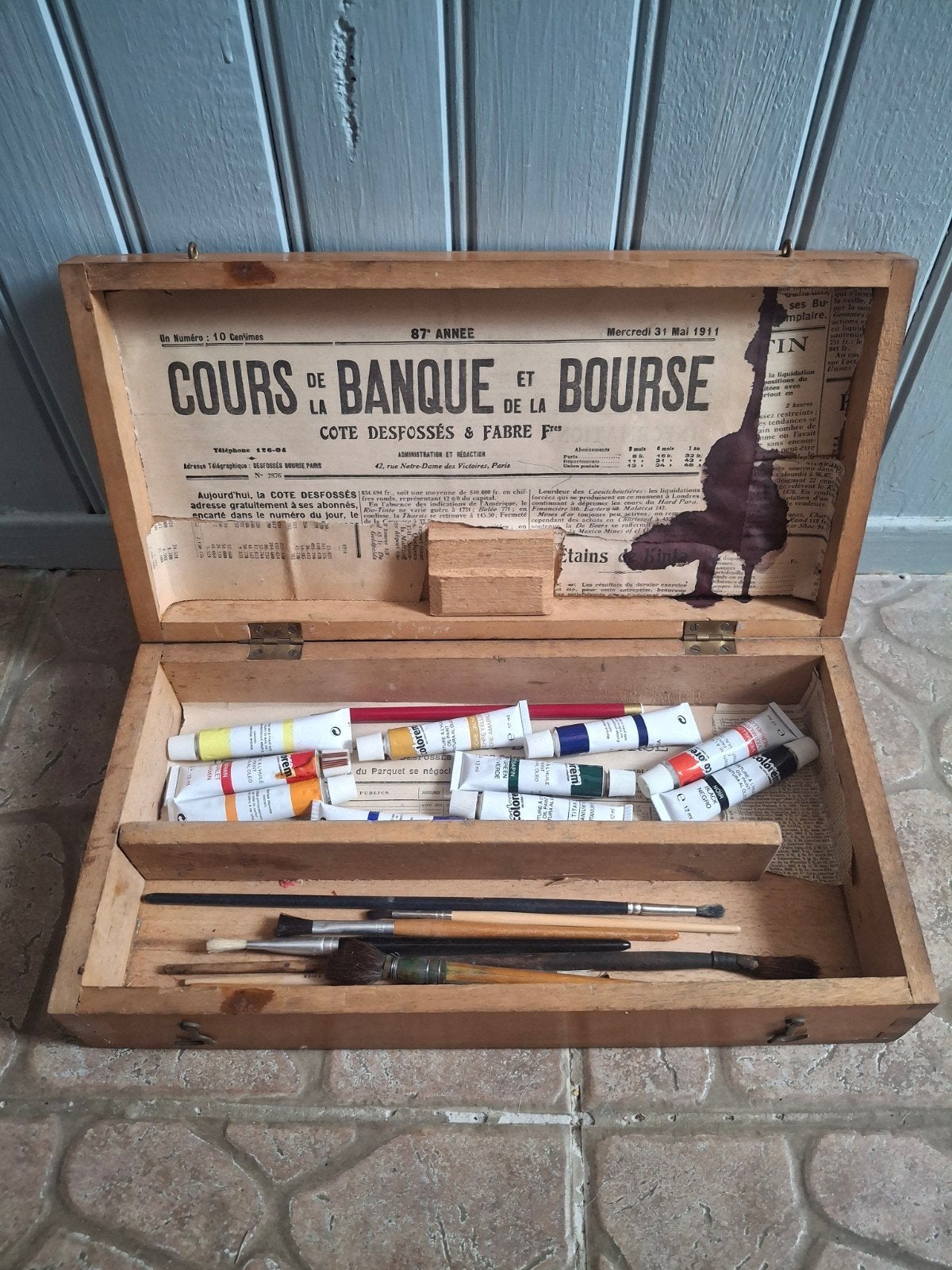 Vintage Franse houten schilderskist met verf en penselen, Antiek en Kunst, Ophalen of Verzenden