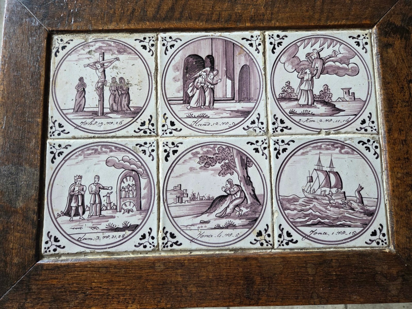 Unieke antieke tegeltafel – 6 mangaan bijbeltegels, Ophalen