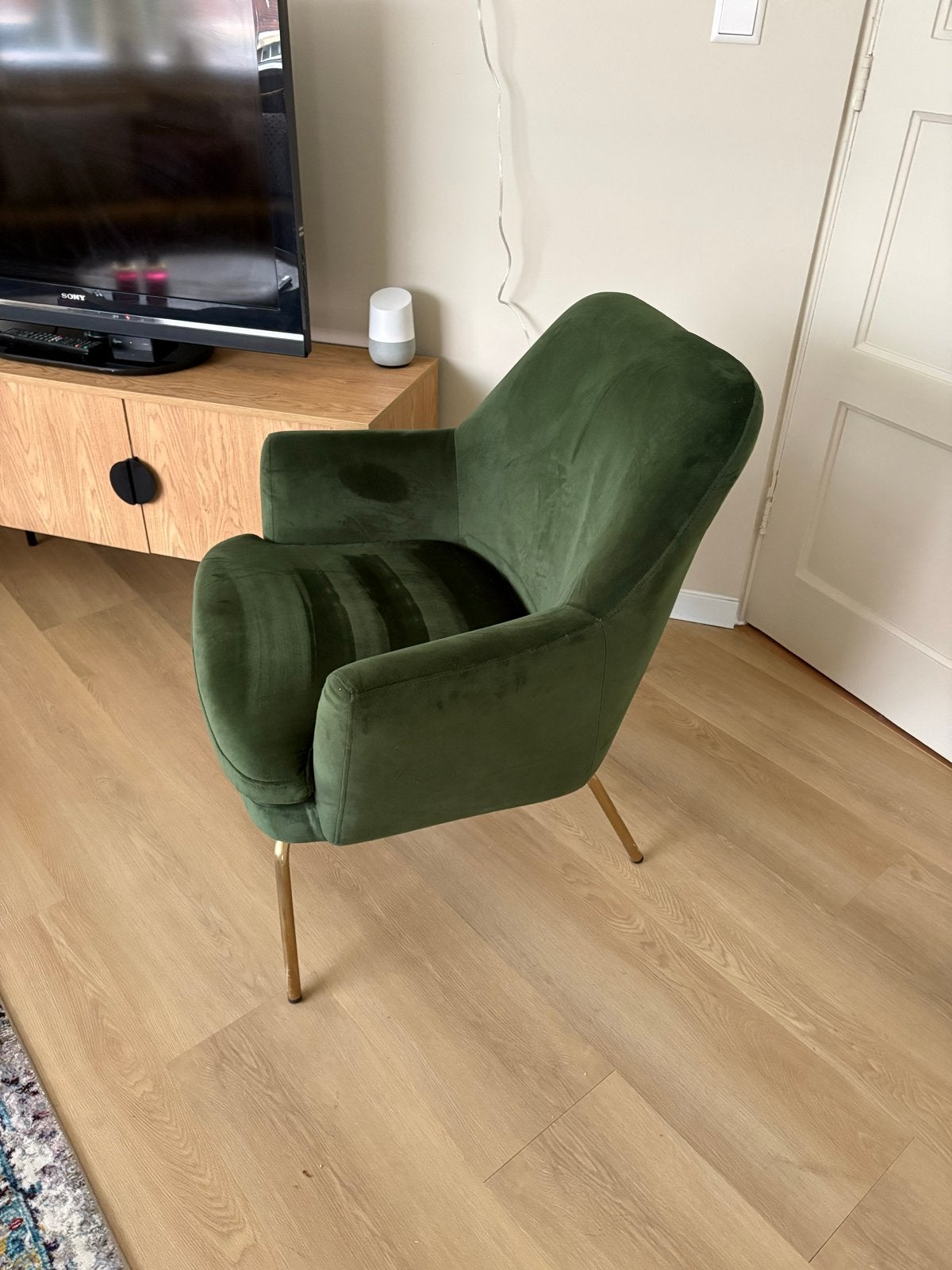 Groene fluwelen fauteuil met gouden poten, Ophalen, Overige kleuren, Zo goed als nieuw, Eén