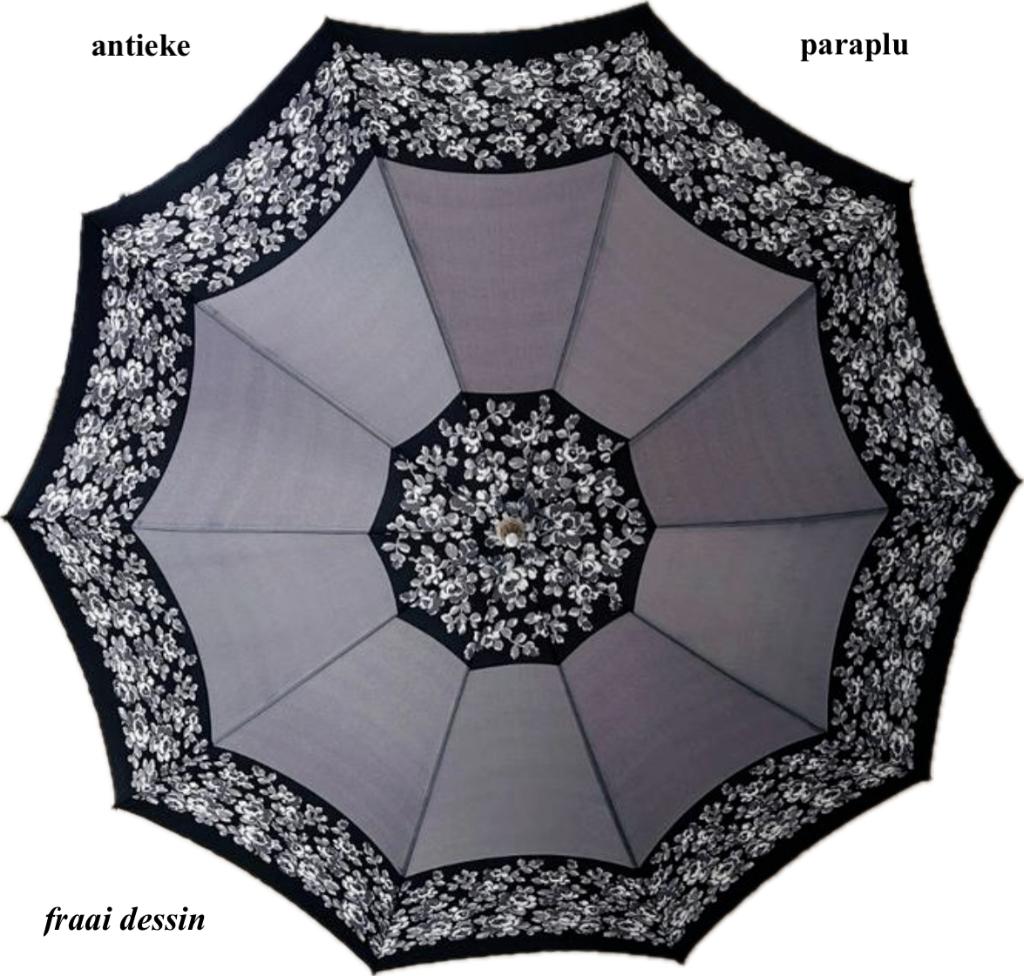 Antieke Paraplu zwart grijs wit met Leren greep Vintage, Antiek en Kunst, Ophalen, Dames, Onbekend