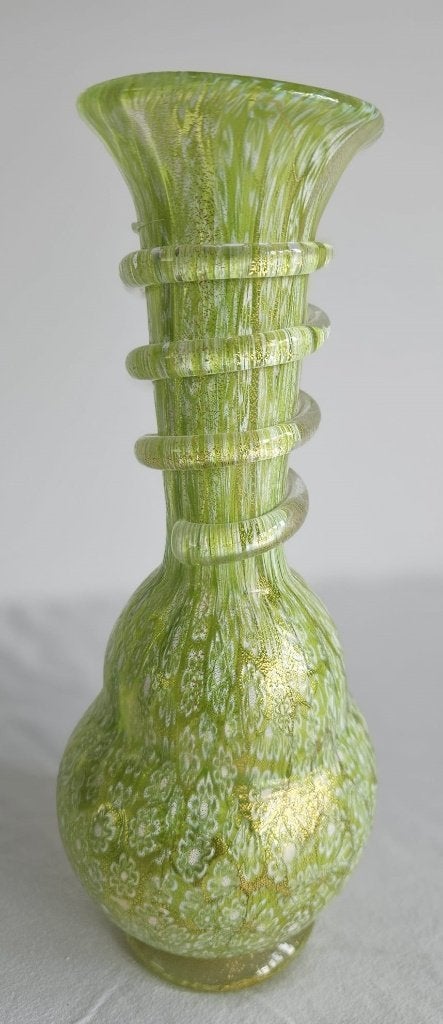 Groene vintage vaas Murano kunstglas met 24k goudstaf, Ophalen of Verzenden