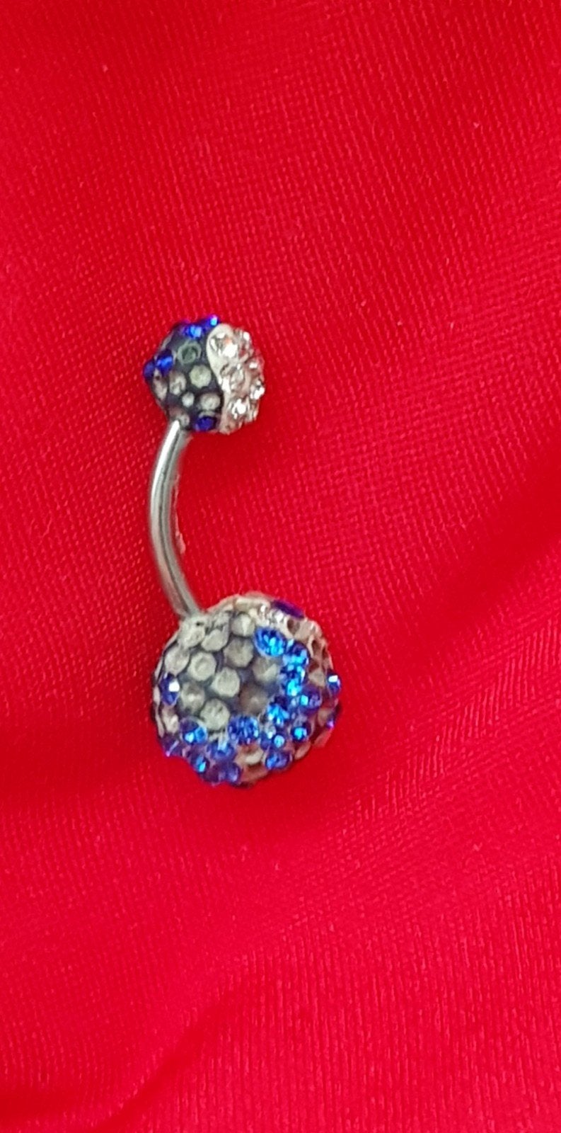 Navelpiercing jin en jang kobalt blauw wit strass piercing, Navelpiercing, Gebruikt, Staal, Verzenden
