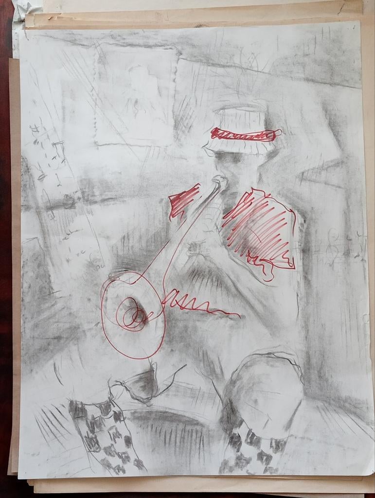 Houtskool met stift Trompettist circa 1990, Ophalen of Verzenden