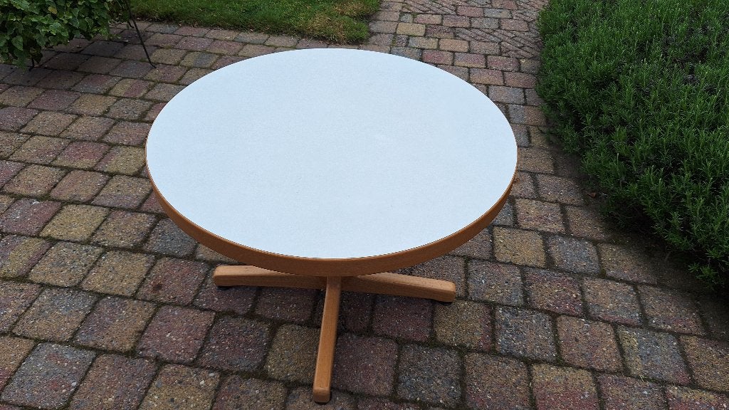Ronde salontafel van Kusch en Co, wit blad, beuken onderstel, Ophalen, Gebruikt, 50 tot 100 cm, Rond