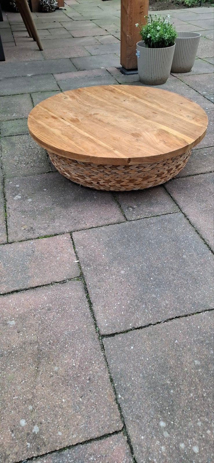 Ronde poef/salontafel van riet en hout, Gebruikt, Bohemian, Natuurlijk, Rustiek, 50 tot 75 cm, 50 tot 75 cm