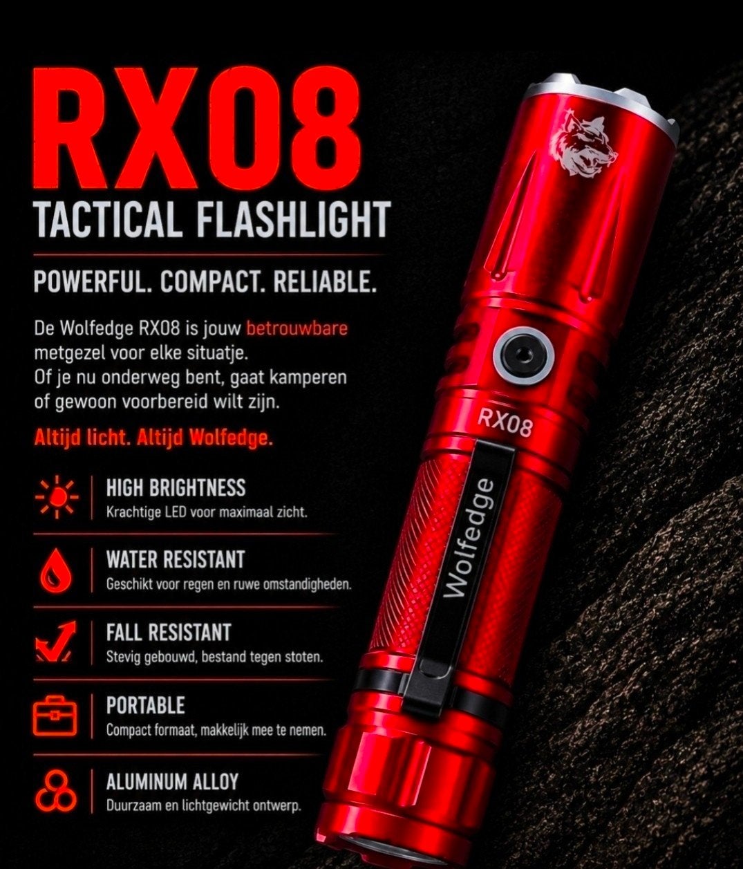 Wolfedge RX08 Zaklamp 1800 Lumen - Krachtig & Compact, Verzenden, Nieuw, Accu