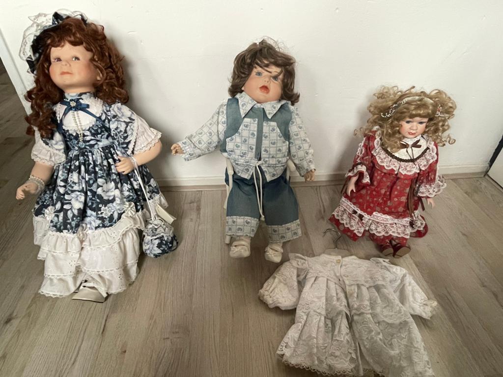 3 oude poppen + jurkje, Ophalen, Zo goed als nieuw, Pop