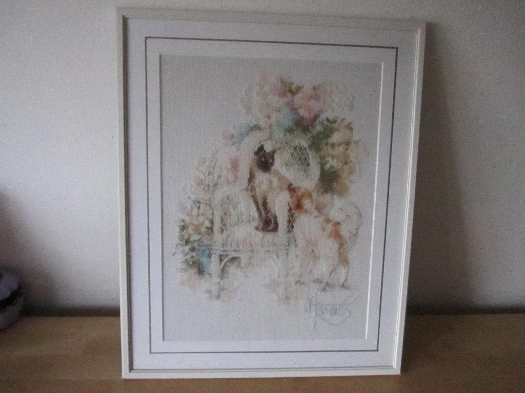Borduurlap kat en hond ingelijst., Ophalen, Schilderij, Hout, Zo goed als nieuw