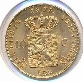 Nederland gouden tientje 1875 Willem 3 (met volle 7), Koning Willem III, Losse munt, 10 gulden, Goud