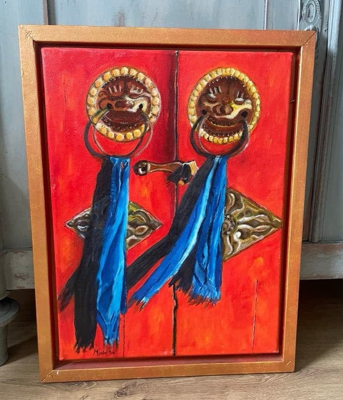 Prachtig schilderij Tibetaans klooster leeuwenkop Mieke 2004, Antiek en Kunst, Ophalen of Verzenden