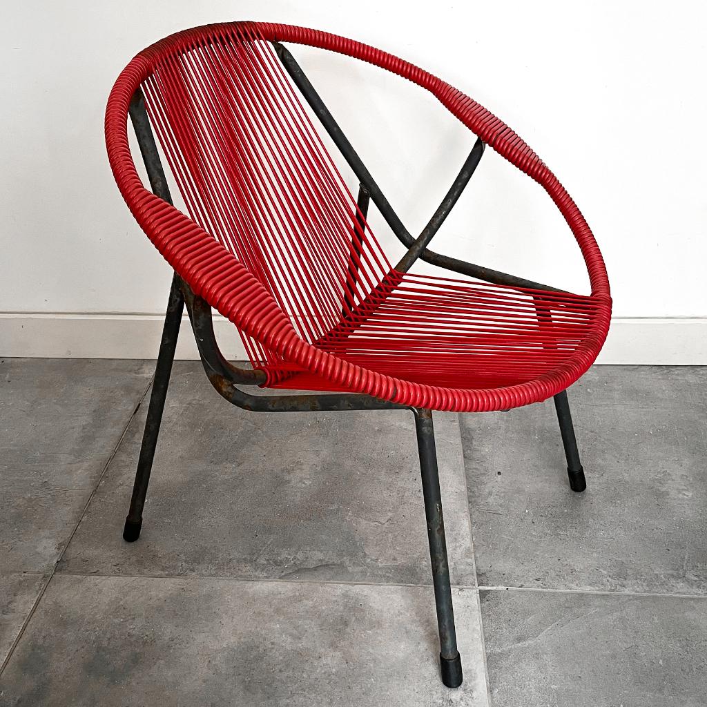Vintage, Mid Century Spaghettistoel, rode draadstoel, Ophalen, Huis en Inrichting