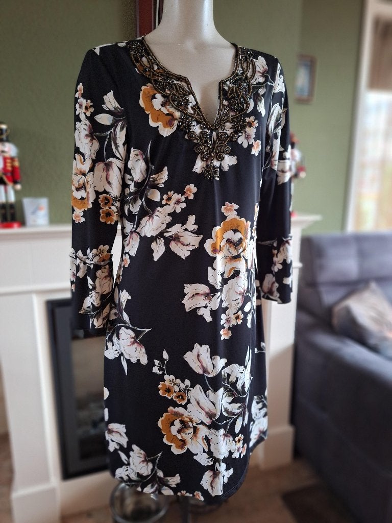K-Design K Design bloemen jurk L mooie hals, K-design, Verzenden, Zwart, Maat 42/44 (L)