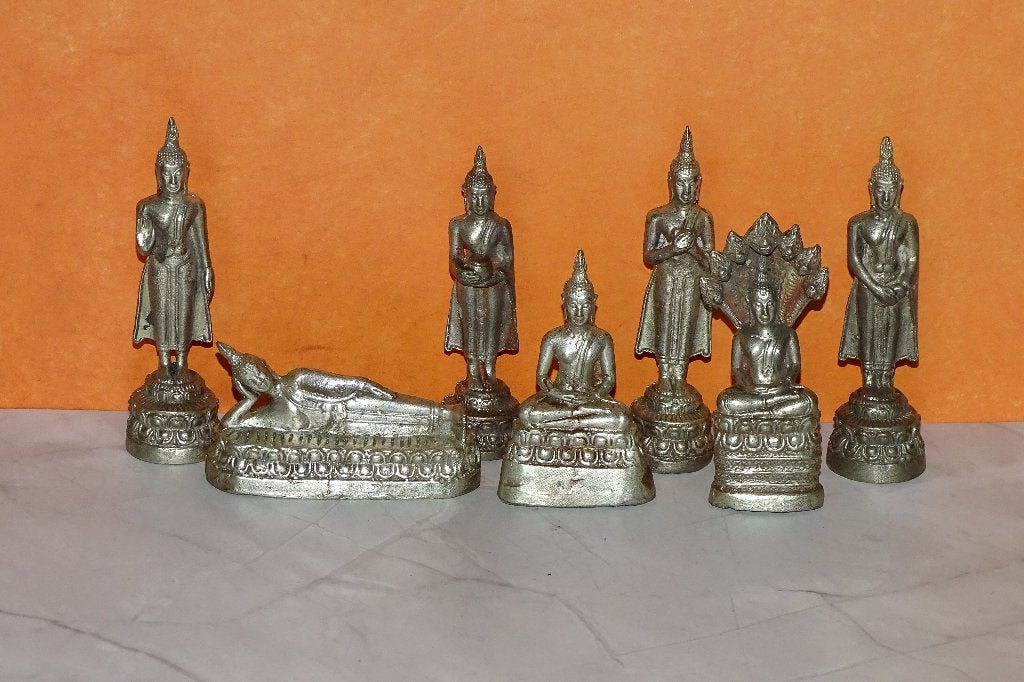 Set van 7 Thaise dag-Boeddha’s beelden – metaal, Metaal, Ophalen of Verzenden, Zo goed als nieuw, Nvt