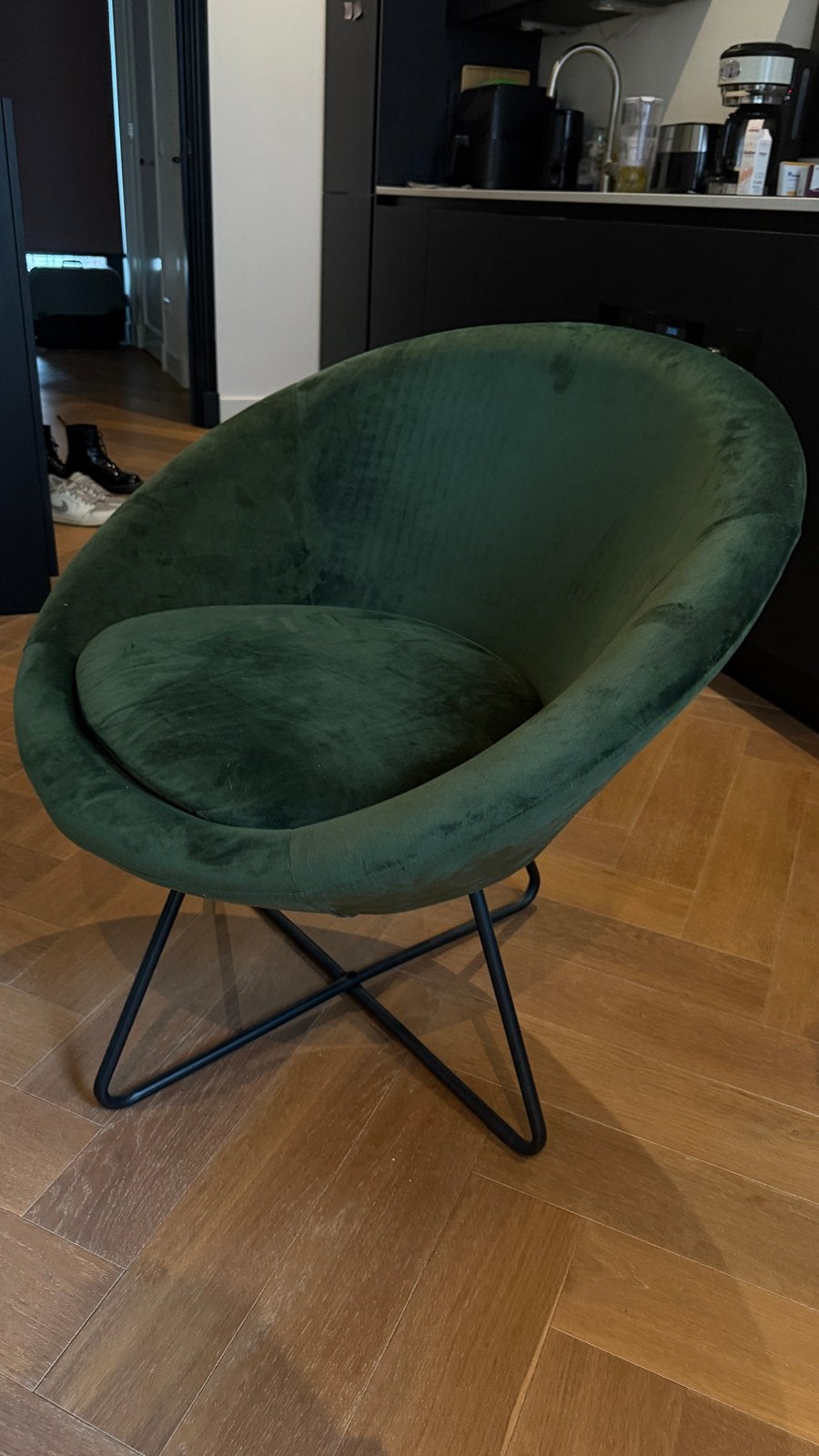 Groene fluwelen kuipstoel - Comfortabele fauteuil, Huis en Inrichting, Overige kleuren, Ophalen of Verzenden, Zo goed als nieuw