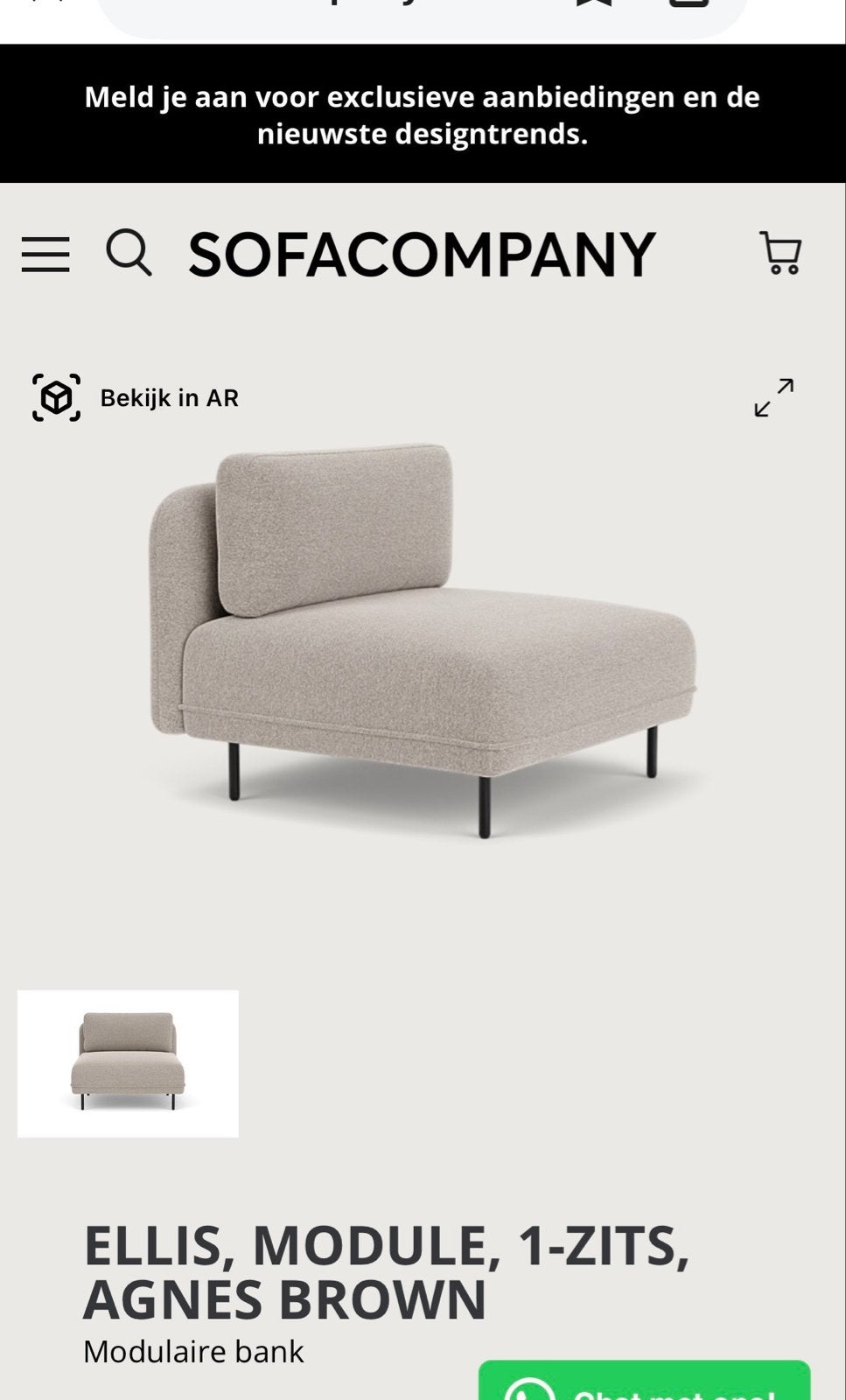 SofaCompany Ellis Module 1 zits en Chaise Longue, Huis en Inrichting, Eenpersoons, Ophalen of Verzenden, Zo goed als nieuw, Stof