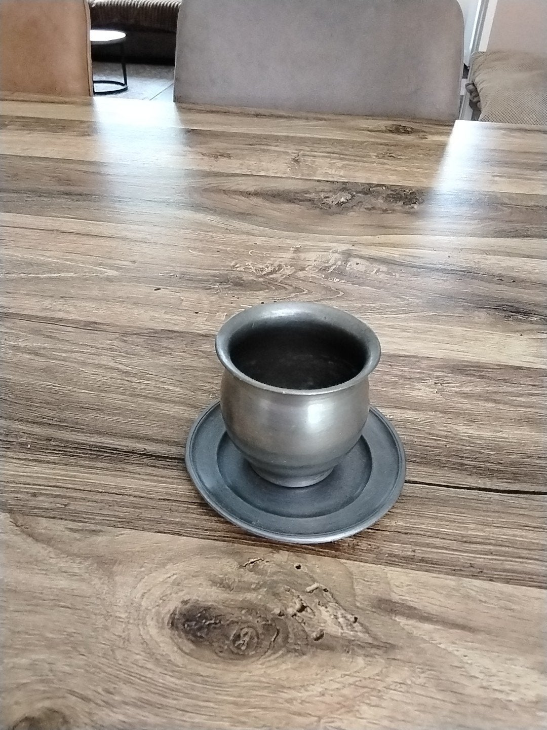 Vintage Tinnen Kop en Schotel - Antiek Servies, Ophalen of Verzenden