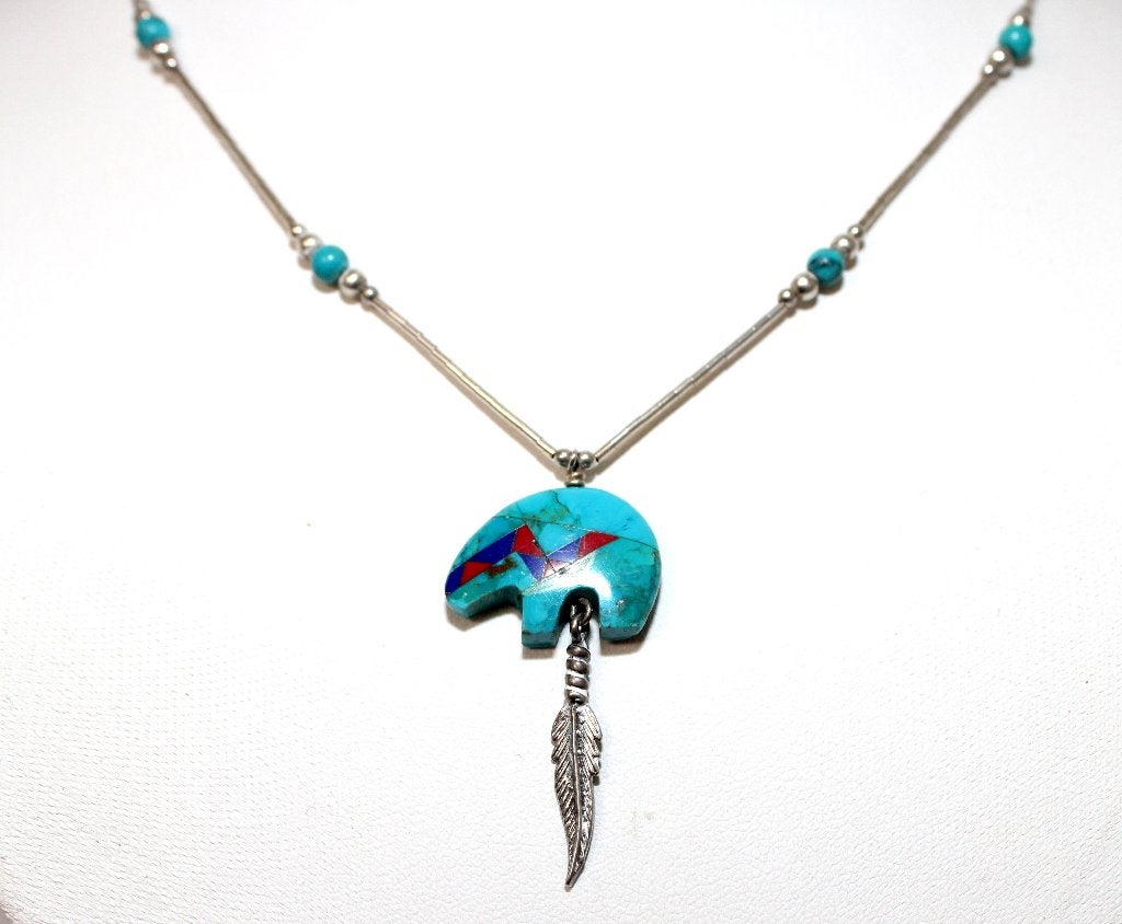 Prachtige Turquoise Beer & Sterling Zilver Ketting, Ophalen of Verzenden, Zilver, Ketting, Met edelsteen