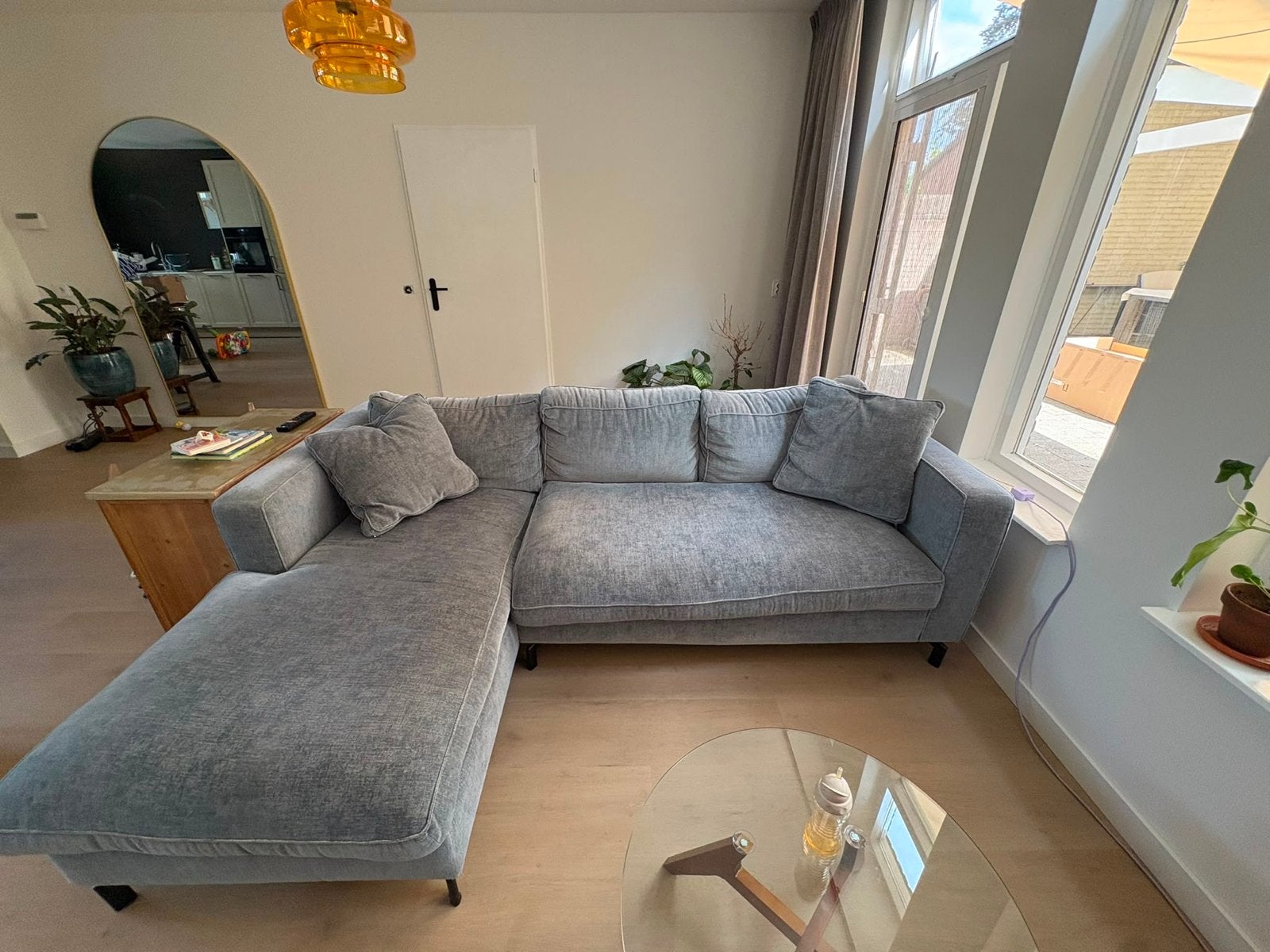 Blauw grijze hoekbank met Loungegedeelte - 242cm breed, Huis en Inrichting, Banken | Bankstellen, Ophalen, Gebruikt, Hoekbank
