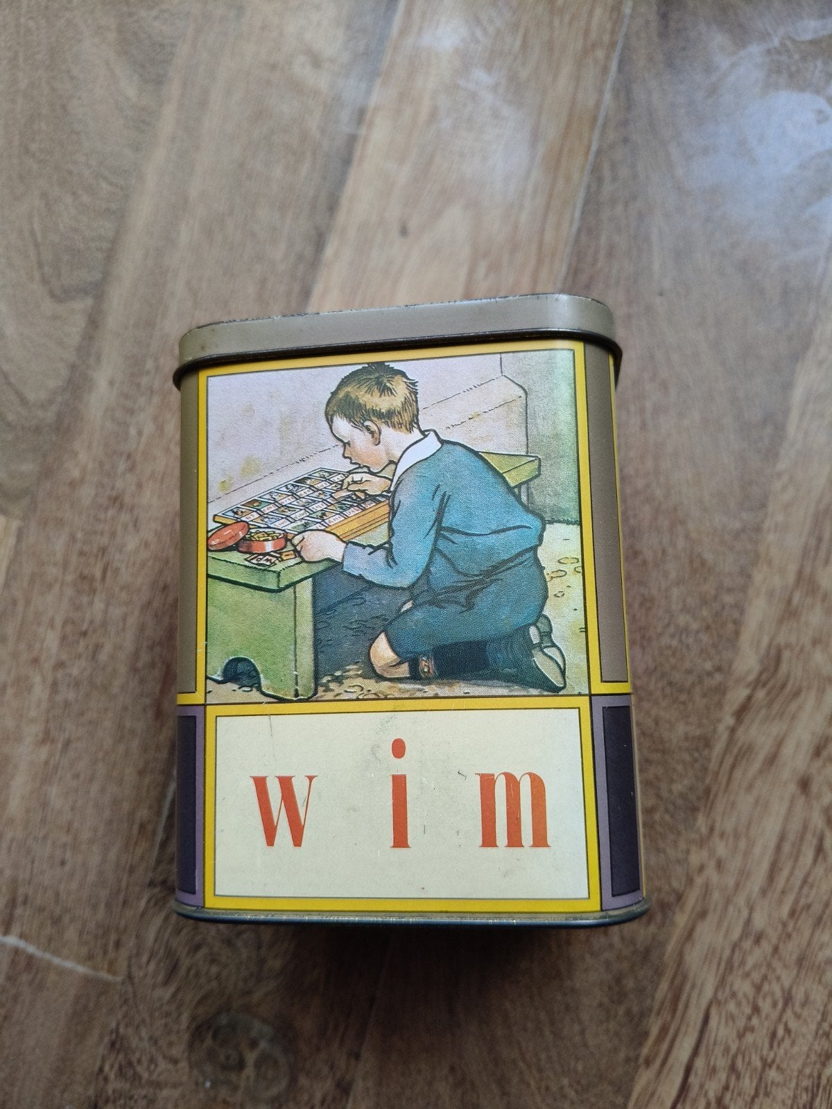 Vintage blikken trommel 'Gijs, Lam, Wim, Mies', Ophalen of Verzenden