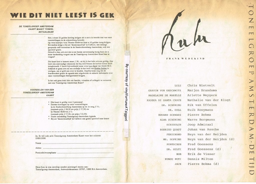 Frank Wedekind:"Lulu" Toneelgroep Amsterdam uit oktober '89, Frank Wedekind, Ophalen of Verzenden, Zo goed als nieuw, Toneel