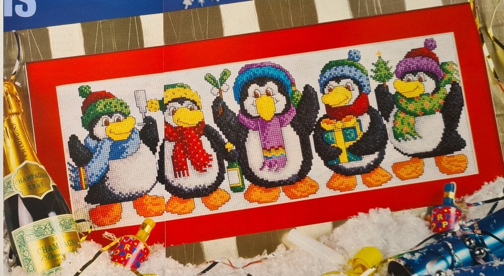 5 Pinguïns op een rij Kerst borduurpatroon, Ophalen, Nieuw, Handborduren, Patroon