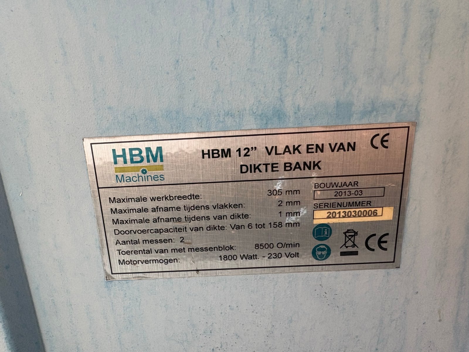 HBM 12" Vlak- en Vandiktebank - 1800W, Bouwjaar 2013, Ophalen, Gebruikt, Elektrisch